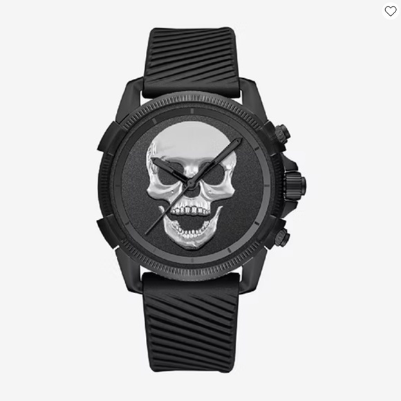 NWT ED HARDY Mens Skull Watch Black Silicone Strap 3D Silver Dial Boxed 50449B - Picture 1 of 6